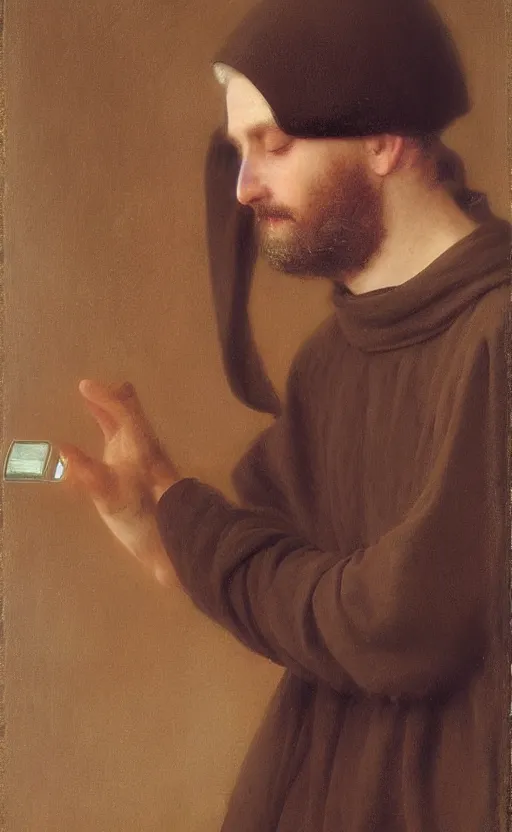 Prompt: a 1 4 th century monk using a vr headset by pierre auguste cot and delphin enjolras and daniel f. gerhartz