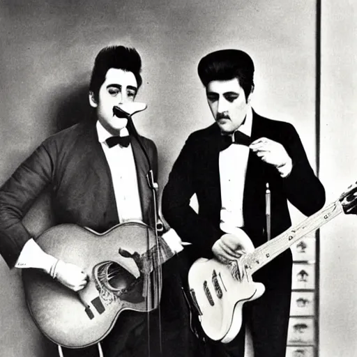Prompt: elvis and marcel proust jamming together in paris, 1 9 2 2, oil painting,