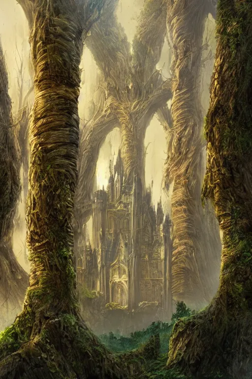 Prompt: gigantic castle, adorned pillars, towers, gnarly trees, forrest, landscape, alex ross, neal Adams, david finch, concept art, matte painting, highly detailed, rule of thirds, dynamic lighting, cinematic, detailed, denoised, centerd