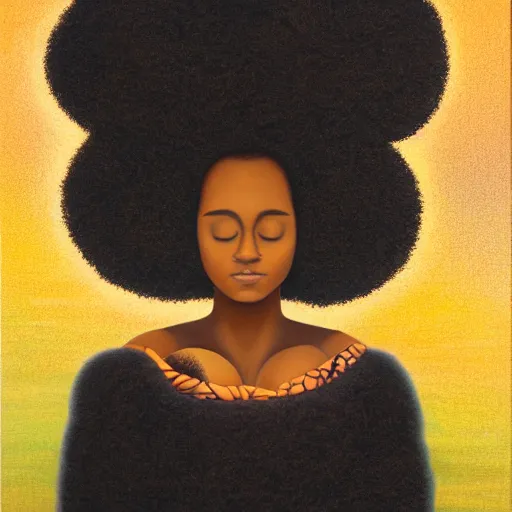 Prompt: a black girl with afro puffs meditating in an african zen garden with an acacia tree by amanda sage, oil on canvas