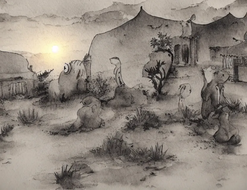 Image similar to dusk at the oasis. ink wash by beloved children's book illustrator, chiaroscuro, bokeh, backlighting, intricate details