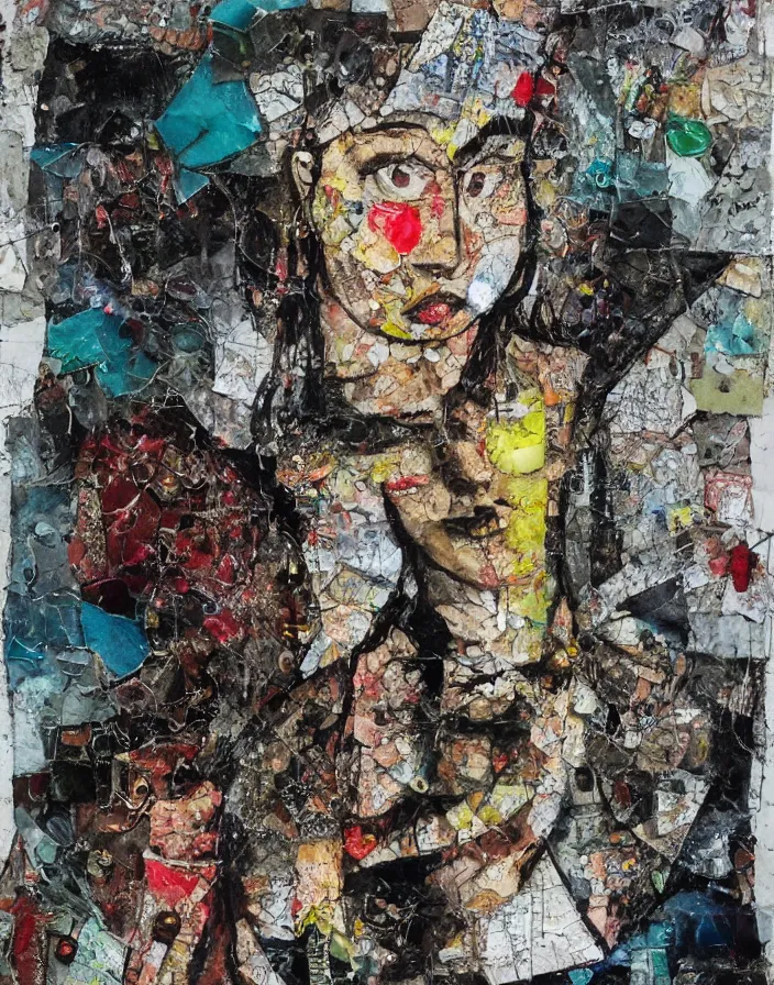 Prompt: dispersing teenager detailed analogue mixed media collage with canvas texture in style of contemporary art, punk art, realistic emotional face, expressionism, masterpiece, spectacular quality, intricate oil details, broken glass, torn paper, large cracks, liquid paint spots, vivid harmonic colors, harmonic composition