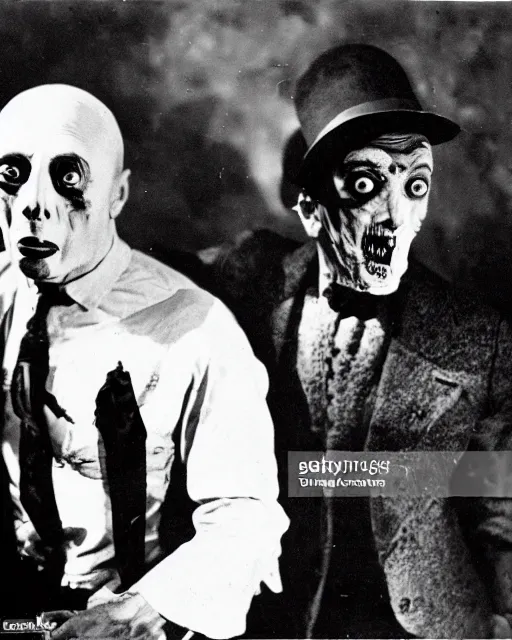 Image similar to Buster Keaton and Jimmy Durante as zombies, 1930' horror movie, Studio still