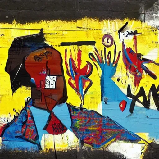 Image similar to arabic calligraphy, transylvanian folk art, in the style of graffiti, made by jean michel basquiat, made by banksy