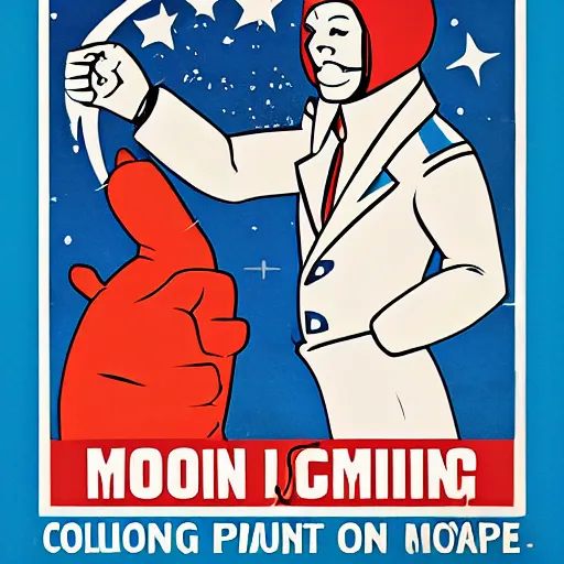 Image similar to propaganda poster for colonizing the moon with pointing cat , by bonesetell