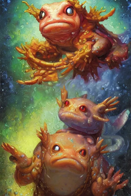 Prompt: 2 d glowing axolotl, cute axolotl, blizzard warcraft artwork, hearthstone card artwork oil painting by jan van eyck, northern renaissance art, oil on canvas, wet - on - wet technique, realistic, expressive emotions, intricate textures, illusionistic detail