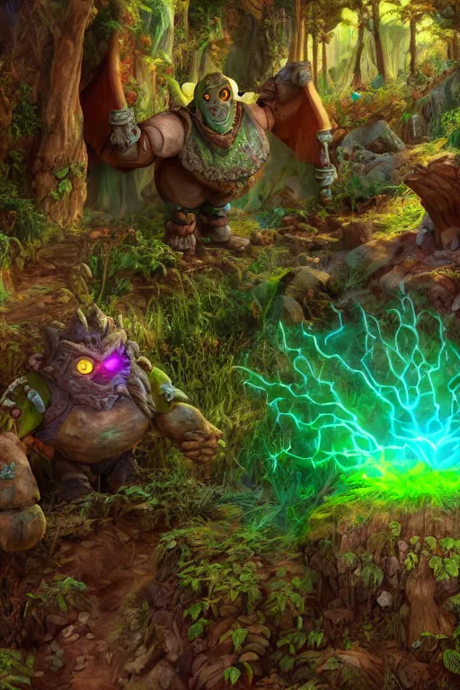 Image similar to zelda fantasy art giant golem elemental wood rock greeble gemstone enchanted forest troll, global illumination ray tracing hdr fanart arstation by sung choi and eric pfeiffer and gabriel garza and casper konefal bastion forged hardmesh lisa frank zbrush central radiating a glowing aura global illumination ray tracing hdr