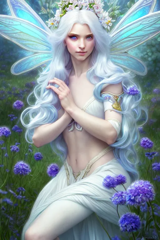 Prompt: highly detailed illustration beautiful white - haired fairy princess in a flower garden, wonderful blue eyes, deep focus, d & d, fantasy, complex, elegant, highly detailed, digital painting, artstation, concept art, matte, clear focus, illustration, hearthstone, art by artgerm and greg rutkowski and alphonse mucha