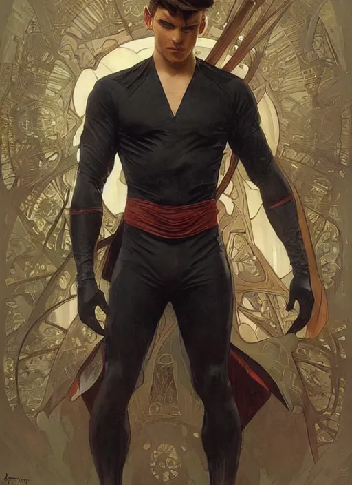 Prompt: a young man. he is dressed as a superhero. clean elegant painting, beautiful detailed face. by artgerm and greg rutkowski and alphonse mucha