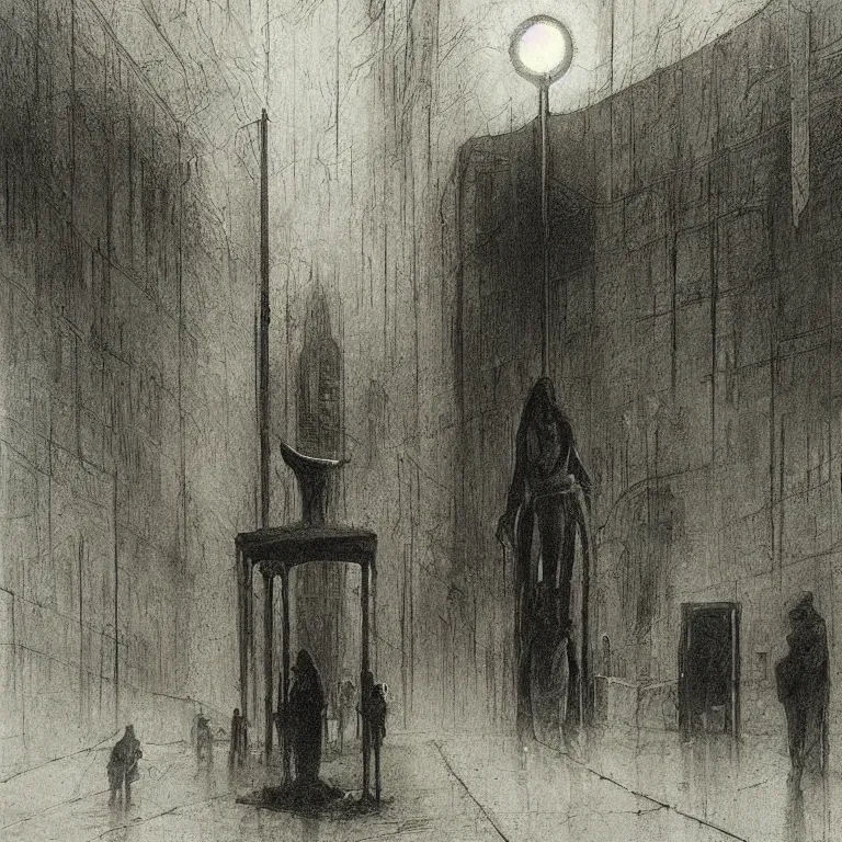 Image similar to some people waiting in a lone bus stop in qiet dark city, by H.R. Giger and Zdizslaw Beksinski