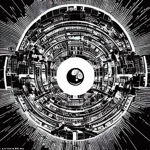 Prompt: a yin - yang daoist symbol superimposed on the futuristic cityscape in a utopian well - organized society, black and white