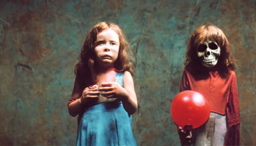 Image similar to 7 0 s film still from a horror movie featuring a child holding a skull and balloon, kodachrome, cinecolor, cinestill, photorealism, cinematic, film grain, film texture, vhs recording