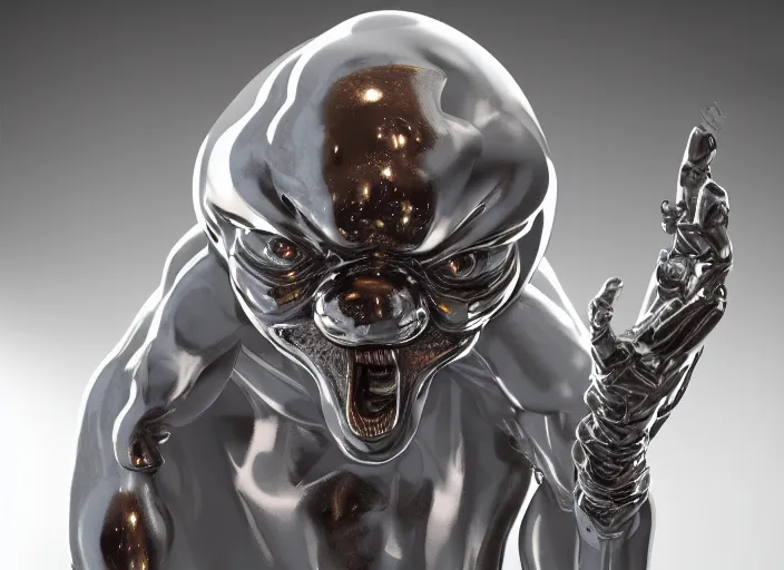 Image similar to stylized shiny polished silver statue full body extra limbs bizarre cosmic horror demonic demon made of marble of disney character mickey mouse, perfect symmetrical body, perfect symmetrical face, hyper realistic, hyper detailed, by johannen voss, by michelangelo, octane render, blender, 8 k, displayed in pure white studio room