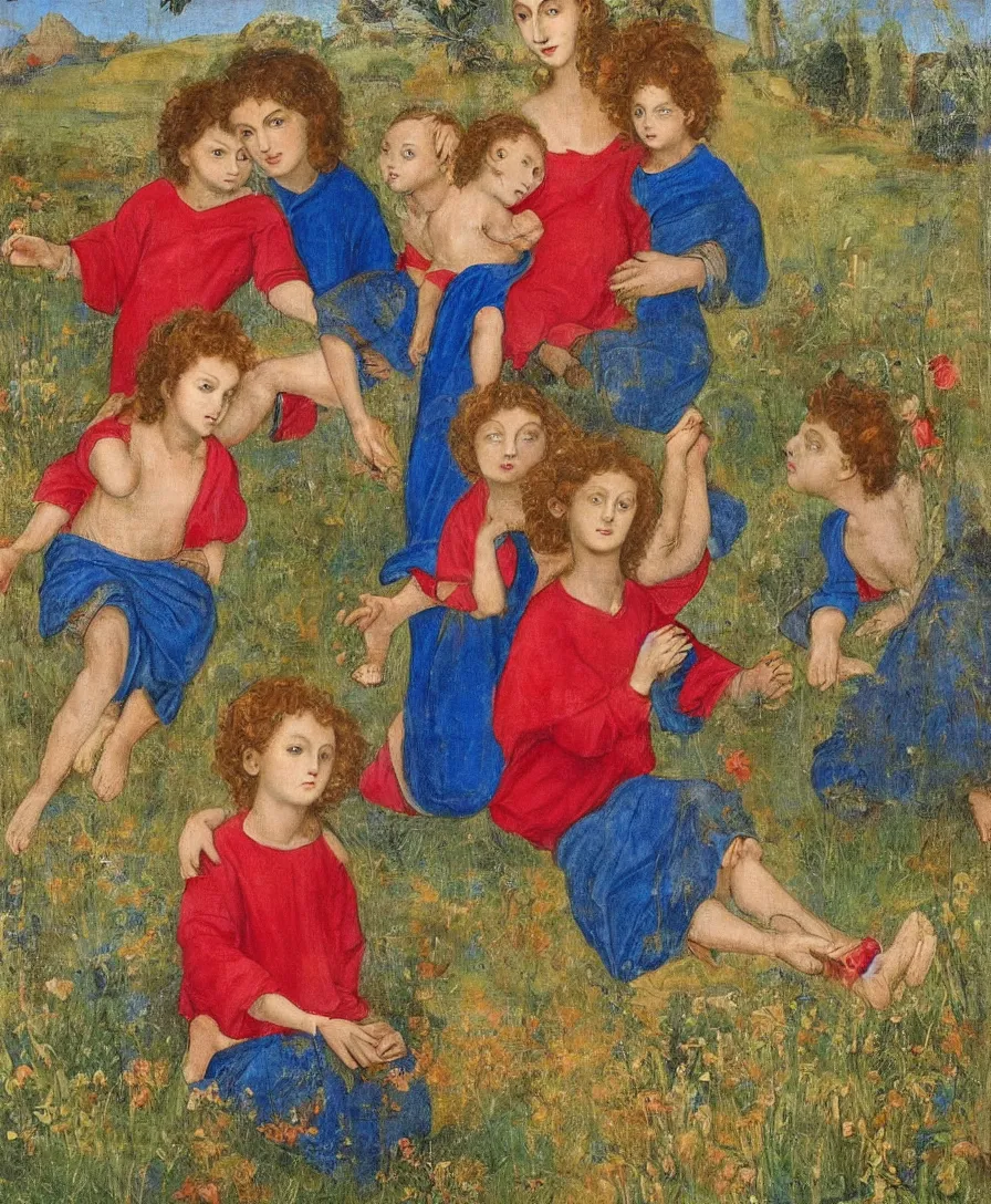 Prompt: Portrait of Madonna. In the Foreground is a Madonna with red shirt and blue cloth and two boys playing in the style of Raffael. Curly red hair. The boys are very small and only clothed with blue linen. They are sitting in a dried out meadow. One boy is playing with a cross. She is holding the other one back. Middleground is empty. On the horizon in the golden ratio, there is a lake with a town and mountains. Flat perspective.