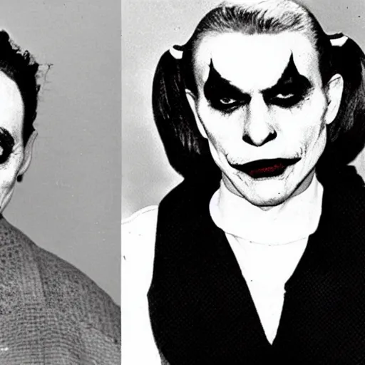 Image similar to 1960 black and white mug shot of The Joker and Harley Quinn