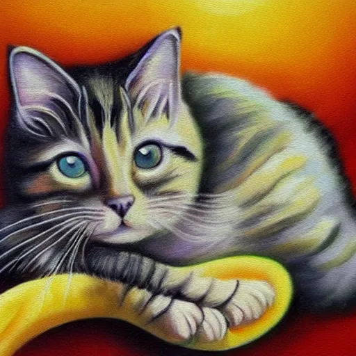 Prompt: a cat with bee's wings oil painting
