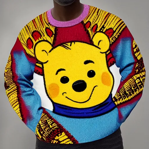 Image similar to winnie the pooh wearing a coogi sweater, fanning large amounts of dollar bills. in the style of cd cover art