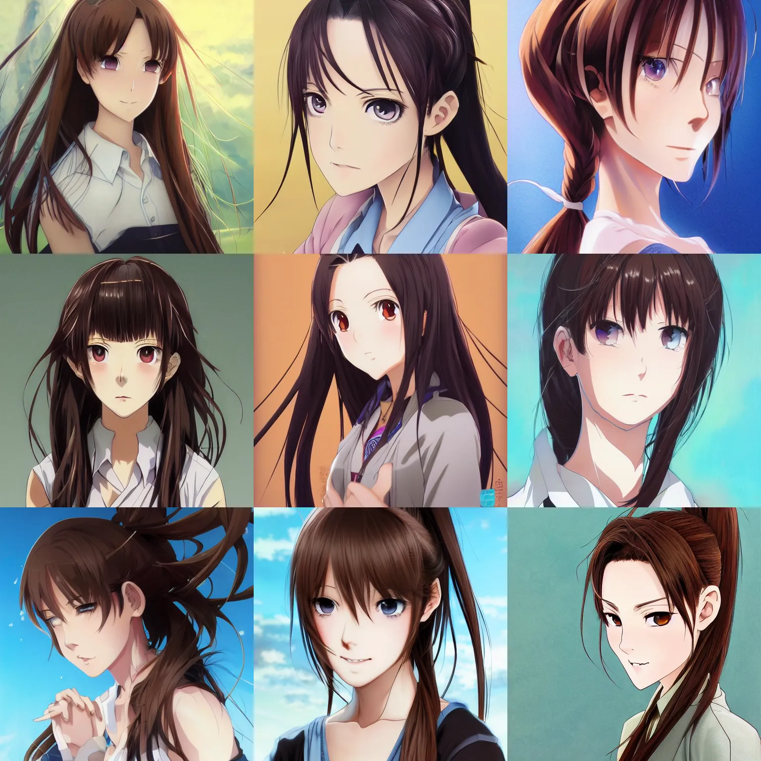 Prompt: An anime portrait of a woman with straight shoulder-length brown hair, a ponytail, a part in her hair, with bright blue eyes, a big forehead, and large eyebrows, without glasses, medium shot portrait, by Stanley Artgerm Lau, WLOP, Rossdraws, James Jean, Andrei Riabovitchev, Marc Simonetti, and Sakimi chan, trending on artstation