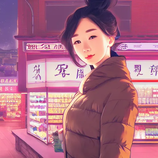 Image similar to a beautiful chinese woman in a down jacket with a grocery store in the background ambient lighting, 4 k, lois van baarle, ilya kuvshinov, rossdraws, alphonse mucha, jung gi kim, artstation