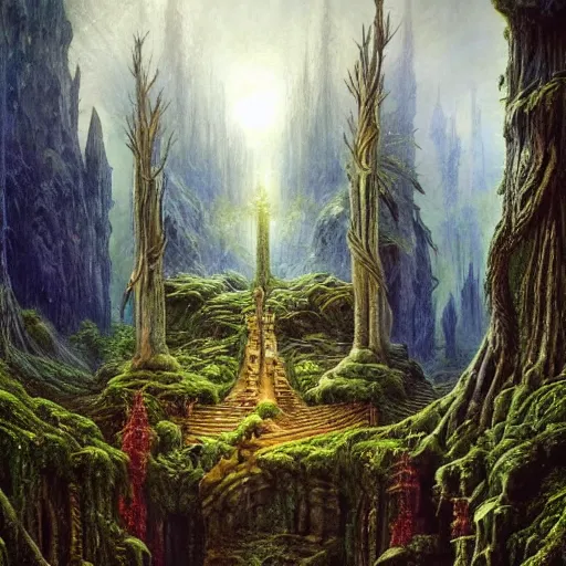 Image similar to a beautiful and highly detailed epic oil painting of an elven temple deep in the misty mountains, valley of dreams, tall trees, ancient runes, intricate details, epic scale, insanely complex, 8 k, sharp focus, hyperrealism, fantasy landscape, psychedelic, by caspar friedrich, brian froud, albert bierstadt,