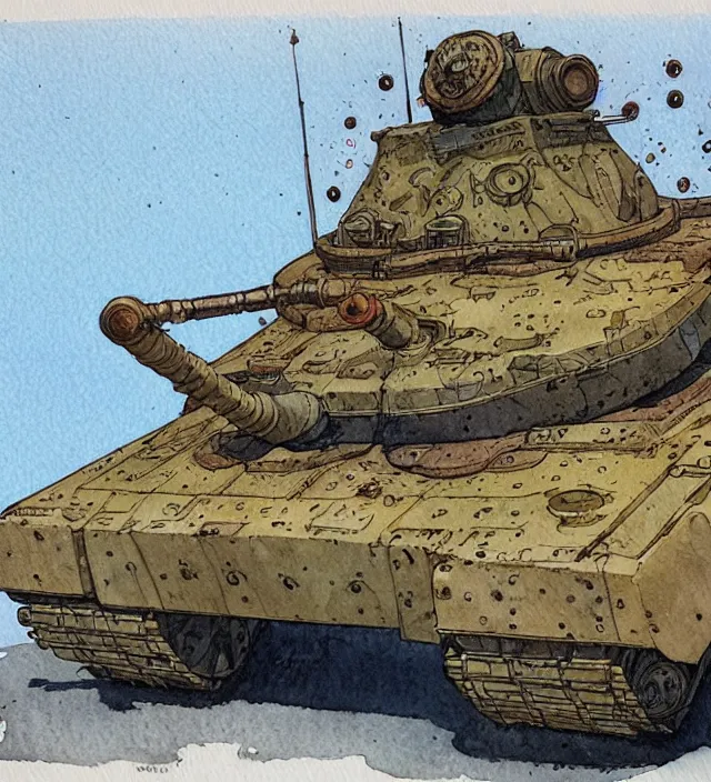 Image similar to a 3 / 4 view watercolor ink painting of a post - apocalyptic tank in the style of jean giraud in the style of moebius trending on artstation deviantart pinterest detailed realistic hd 8 k high resolution