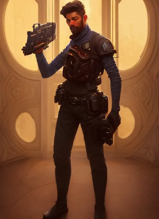 Prompt: man stands with a blaster at the door, details, dark room, side profile centered, by artgerm, cushart krenz, greg rutkowski, james jean. art nouveau. gloomhaven, swirly vibrant ripples, gaudy colors, sharp edges. ultra clear detailed. 8 k. elegant, intricate, octane render