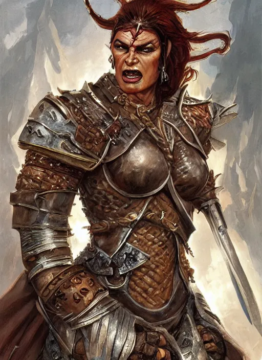 Prompt: a concept art painting of an furious female half - orc warrior wearing medieval brown leather armor, art by karol bak and mark brooks and argerm, centered