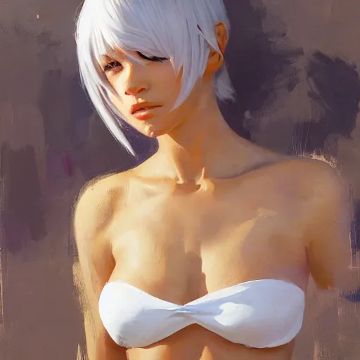 Image similar to greg manchess portrait painting of a 2 yorha type a no. 2 in a bikini, white long hair, organic painting, sunny day, matte painting, bold shapes, hard edges, street art, trending on artstation, by huang guangjian and gil elvgren and sachin teng