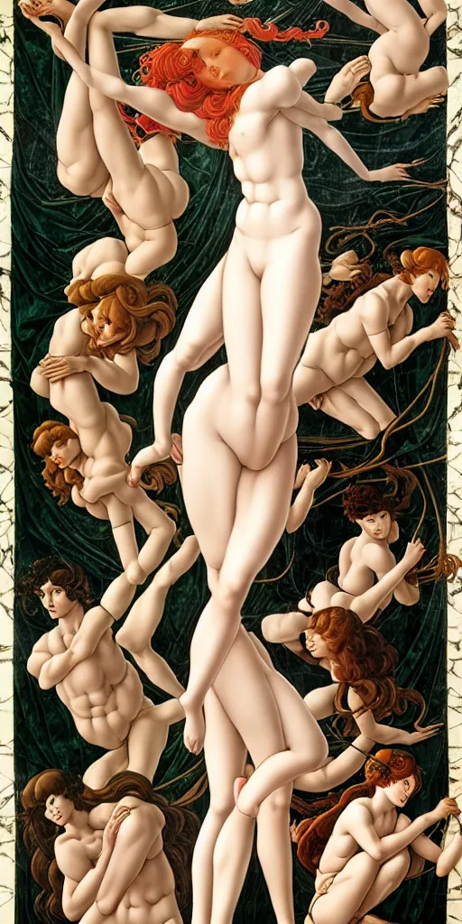 Prompt: the 12 months of the year as 12 figures, in a mixed style of Botticelli and Æon Flux, inspired by pre-raphaelite paintings, and shoujo manga, stunningly detailed, fine inking lines, flat colors, 4K photorealistic