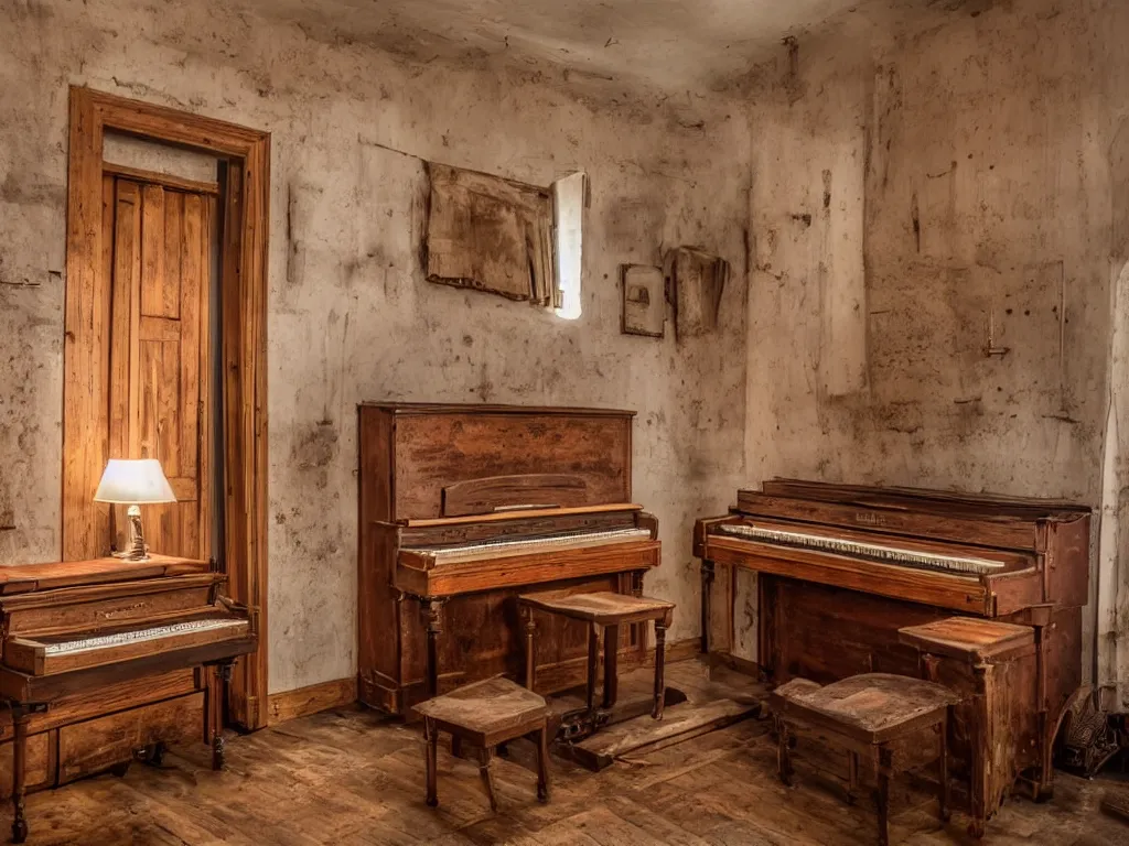 Image similar to room with old wooden piano in it, 8 k, highly detailed, amazing quality, photographic masterpiece