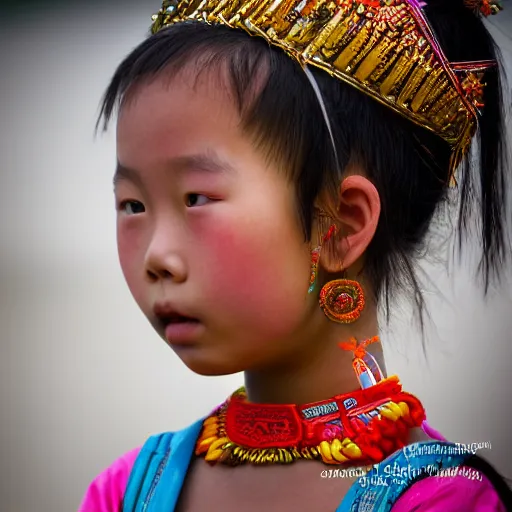 Image similar to A young ancient asian tribal princess, (EOS 5DS R, ISO100, f/8, 1/125, 84mm, postprocessed, crisp face, facial features)
