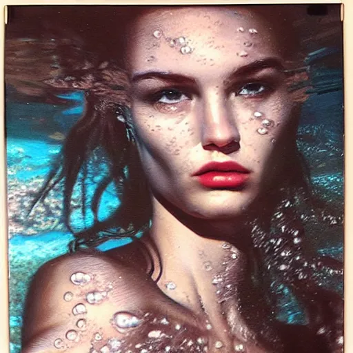 Prompt: hyperrealism oil painting, fashion model portrait underwater photo polaroid