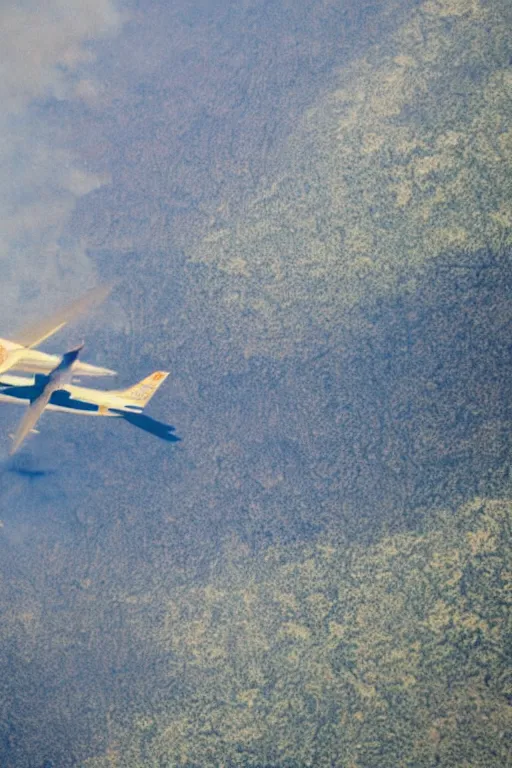 Image similar to Travel Ad, close-up on a plane flying above a drying landscape, forest fire