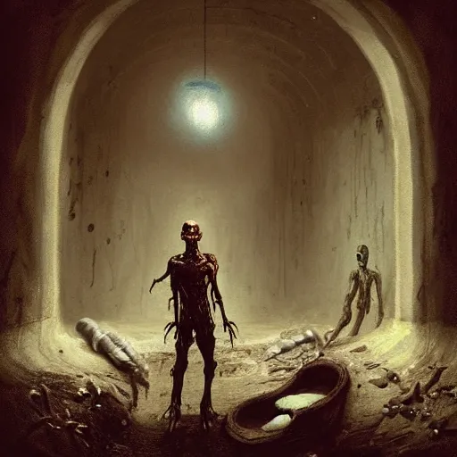 Prompt: a painting of a half lizard half man creature standing in a sewer, lab experiment gone wrong, human skulls on ground, glowing eyes, creepy, horror vibe, real, in the style of greg hildebrandt, greg rutkowski trending on artstation