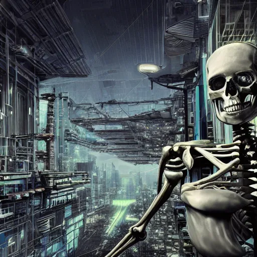 Prompt: mechanical futurustic skeleton, cyberpunk, hyper realistic, borg, far shot, computers, detailed