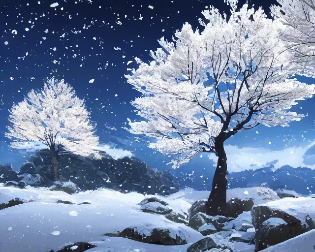 Image similar to snowy rocky field with a sakura tree, petals, cloudy, moodly lighting, snow in wind, illustration, by pine ( ハイネ ) and 薯 子 imoko and 香 川 悠 作 and wlop and maya takamura, highly detailed, trending artstation, pixiv, digital art