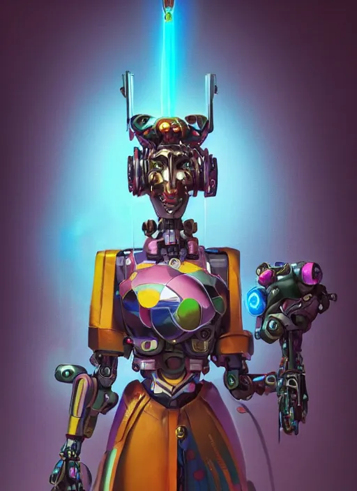 Prompt: an anthropomorphic beautiful mecha female wizard portrait holding a staff wearing colourful robe, fine art, award winning, intricate, elegant, sharp focus, octane render, hyperrealistic, cinematic lighting, highly detailed, digital painting, 8 k concept art, art by jamie hewlett and z. w. gu, masterpiece, trending on artstation, 8 k