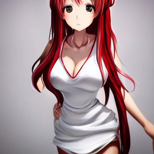 Image similar to very detailed photo of anime girl cosplayer wearing white and red dress, studio photo, anatomically correct, pretty face, UHD, 8k