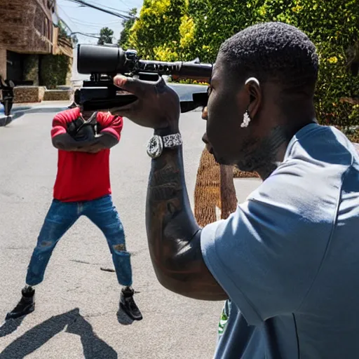 Image similar to angry gucci mane shooting and terrorizing people in the hood, 8k resolution, full HD, cinematic lighting, award winning, anatomically correct