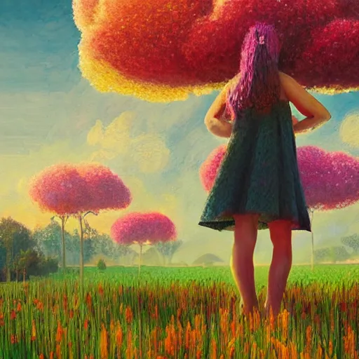 Image similar to giant flower head, girl standing in flower field, surreal photography, big trees, sunrise dramatic light, impressionist painting, colorful clouds, digital painting, pointillism, artstation, simon stalenhag