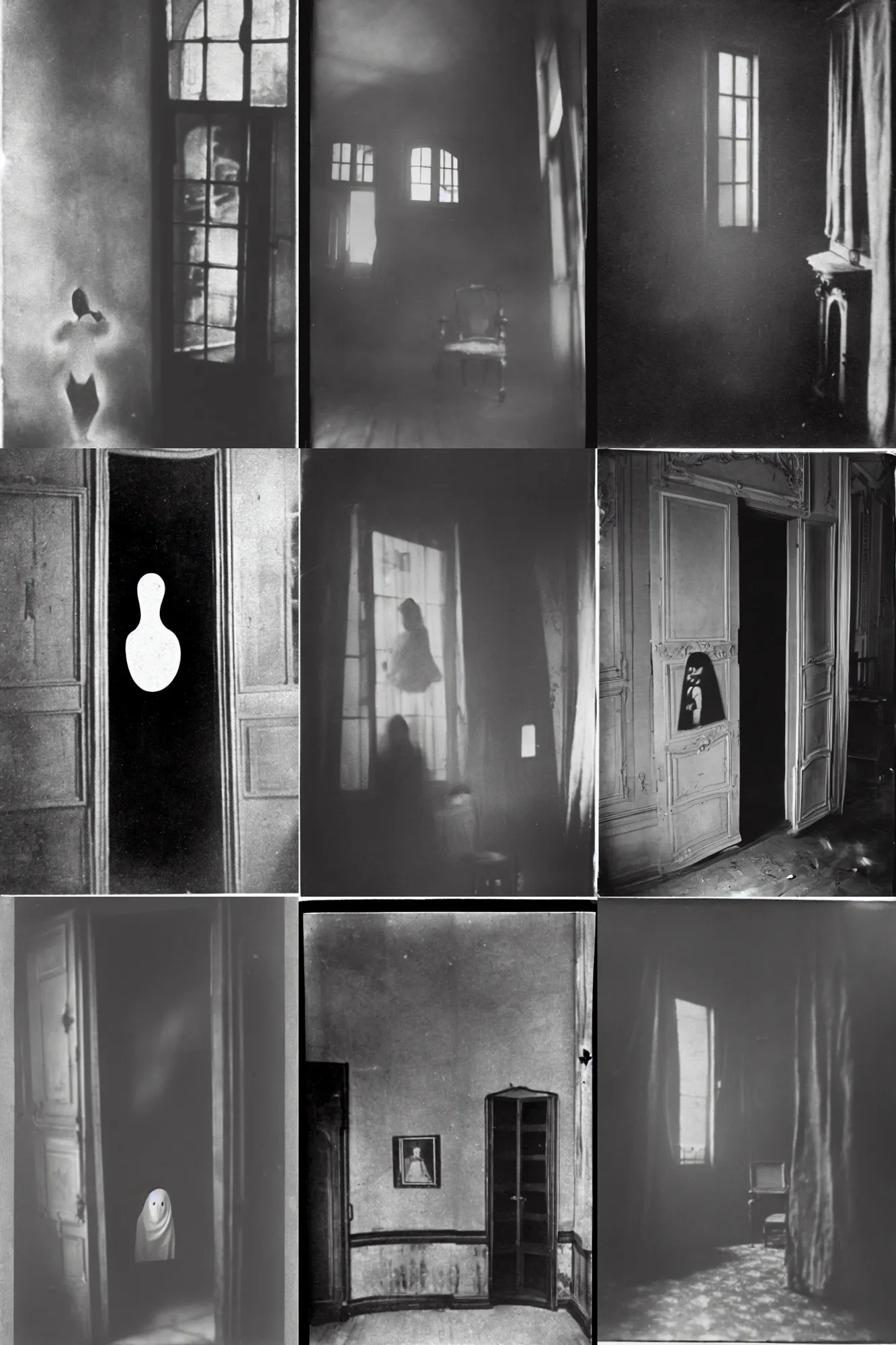 Prompt: Black and white camera obscura image of a ghost in a house, 1910s paris