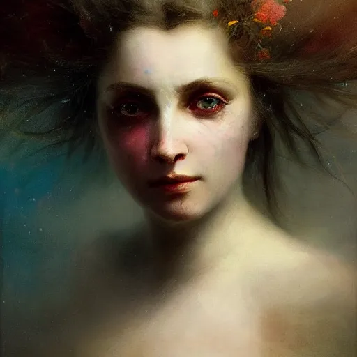 Prompt: three-quarters portrait with papery flaking skin, piercing multi-colored eyes, and under water flowing hair, dreams of the fae; painted in oil on canvas; surrealism by Aleksi Briclot and Ivan Aivazovsky