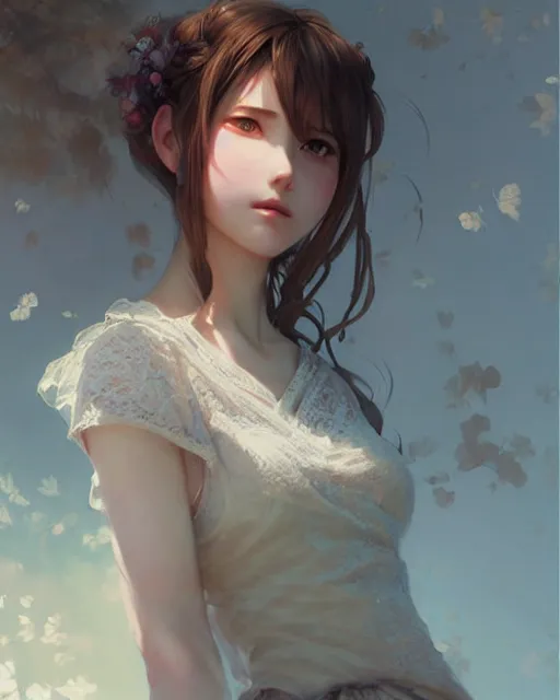 Image similar to aerith gainsborough in lace skirt, portrait, illustration, rim light, top light, perfectly shaded, soft painting, art by krenz cushart and wenjun lin