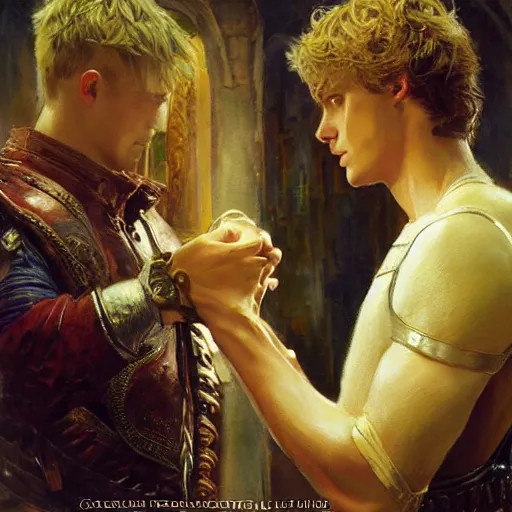 Image similar to attractive male arthur pendragon confesses his love to attractive male merlin. highly detailed painting by gaston bussiere, craig mullins, j. c. leyendecker 8 k