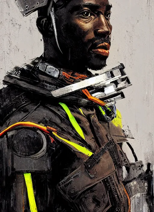 Image similar to portrait of african man warrior, techwear, cyberpunk, by rafael albuquerque