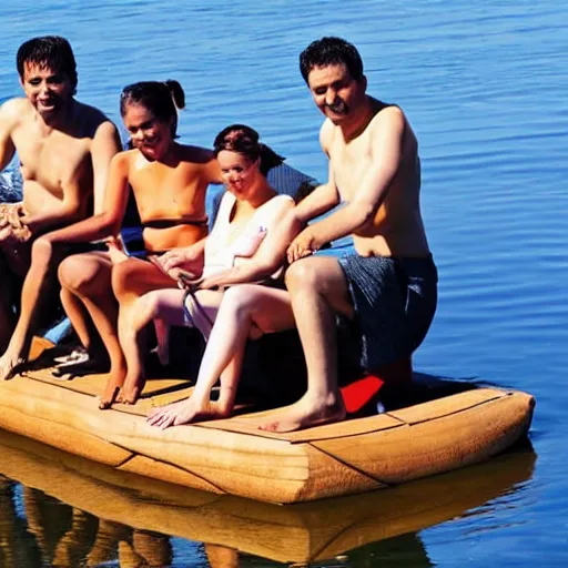 Image similar to four people on a wooden raft