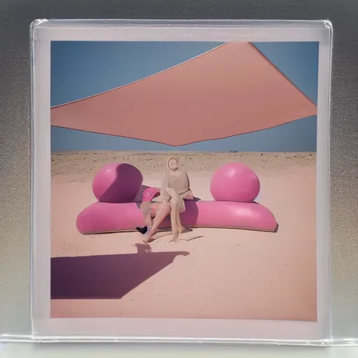 Image similar to a pastel colour high fidelity Polaroid art photo from a holiday album at a pink desert with abstract inflatable parachute furniture, all objects made of transparent iridescent Perspex and metallic silver, no people, iridescence, nostalgic