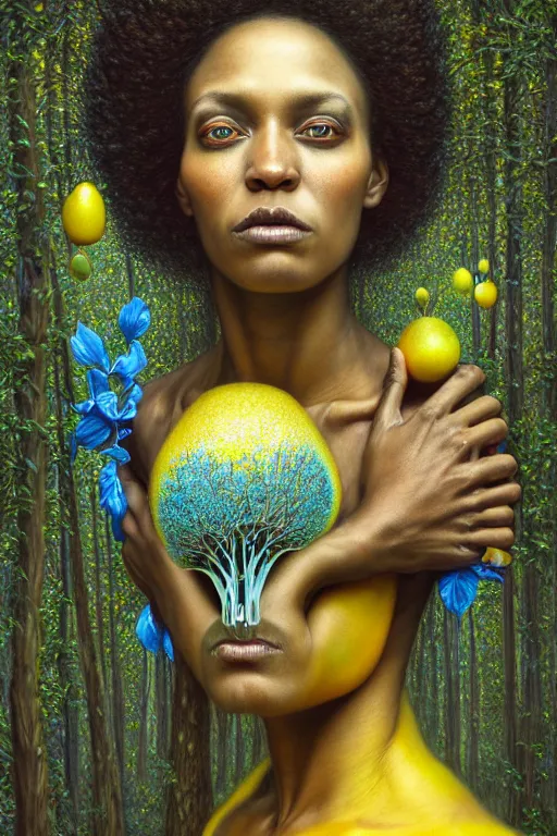 Prompt: hyperrealistic victorian super expressive! black woman with exoskeleton armor, merging with tree in a forest, highly detailed digital painting masterpiece smooth brad kunkle hannah yata dramatic pearlescent blue yellow light ground angle hd 8k sharp focus