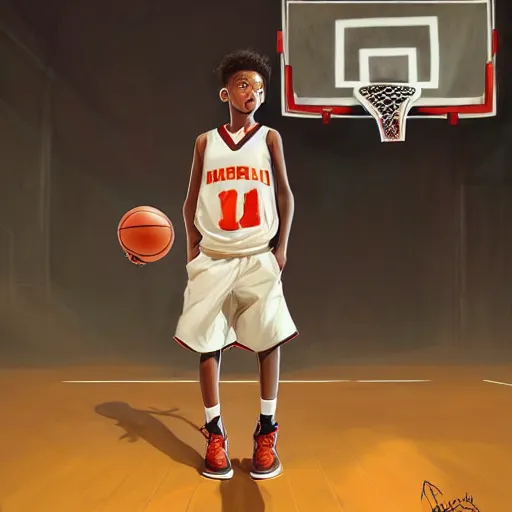 Image similar to portrait of a boy at a basketball court playing basketball wearing a basketball uniform in a basketball court standing near the basketball hoop, poised, intense emotion, detailed facial expression, detailed surroundings, intricate, elegant, highly detailed, centered, digital painting, artstation, concept art, smooth, sharp focus, illustration, by Peter Mohrbacher, WLOP