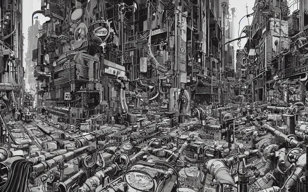 Prompt: very detailed, prophet graphic novel, ilya kuvshinov, mcbess, rutkowski, simon roy, illustration of a cyberpunk industrial alley with huge pipelines and valves, colorful, cinematic composition, studio lighting